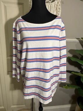 Talbots White Top with Blue and Coral Stripes